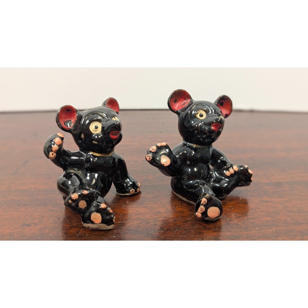 Vintage Salt & Pepper Shakers Ceramic Black Bear Cubs Japan 1950s Mid Century